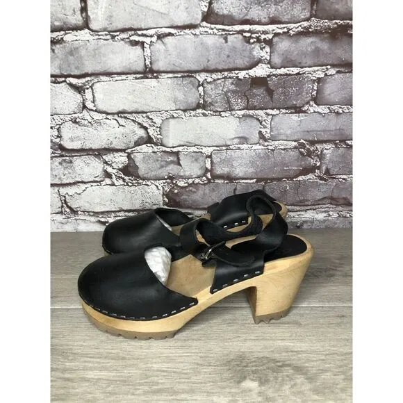 MIA Greta Black Leather Ankle Strap Wooden Heel Sandals Women’s Sz 38EU/7.5M US
