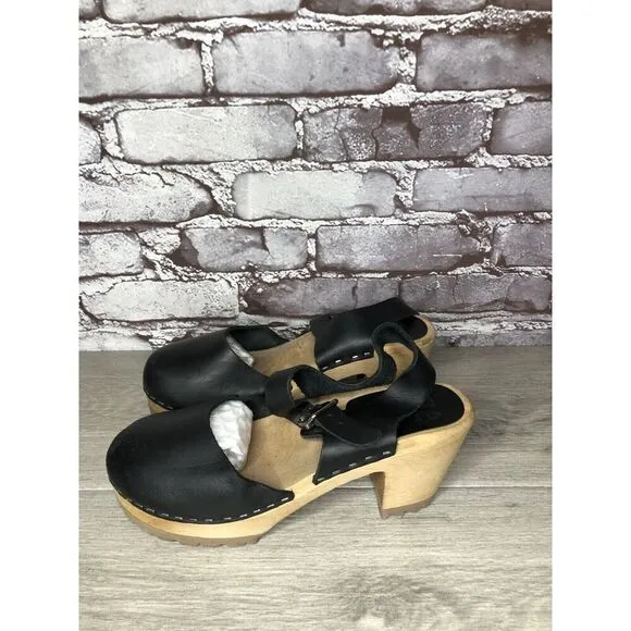 MIA Greta Black Leather Ankle Strap Wooden Heel Sandals Women’s Sz 38EU/7.5M US