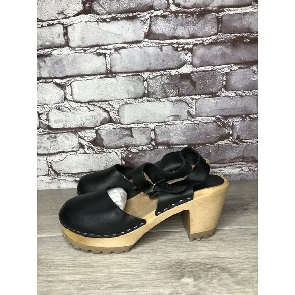 MIA Greta Black Leather Ankle Strap Wooden Heel Sandals Women’s Sz 38EU/7.5M US