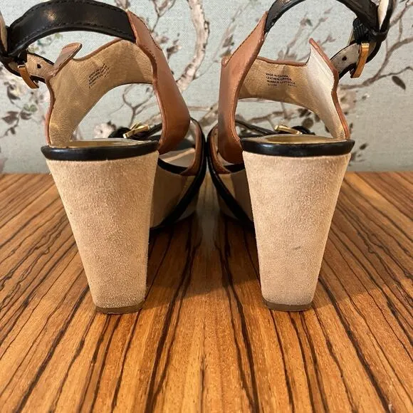 Michael by Michael Kors Leather Criss Cross Wedge Sandals Brown/Black Size 6.5M