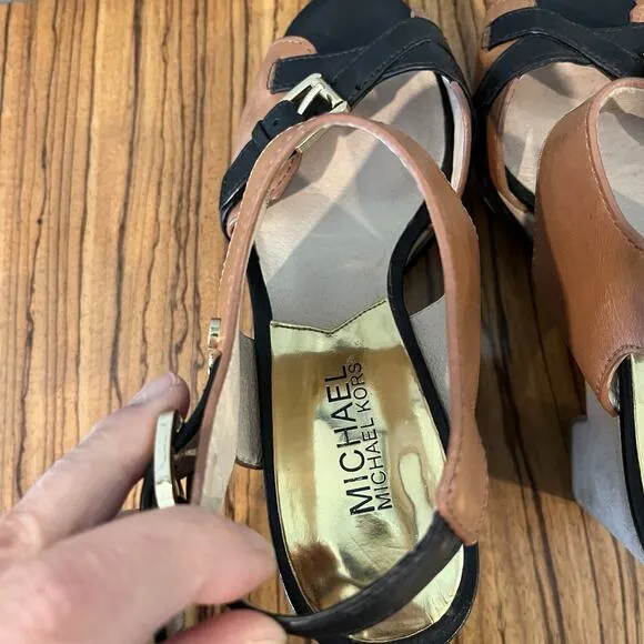 Michael by Michael Kors Leather Criss Cross Wedge Sandals Brown/Black Size 6.5M