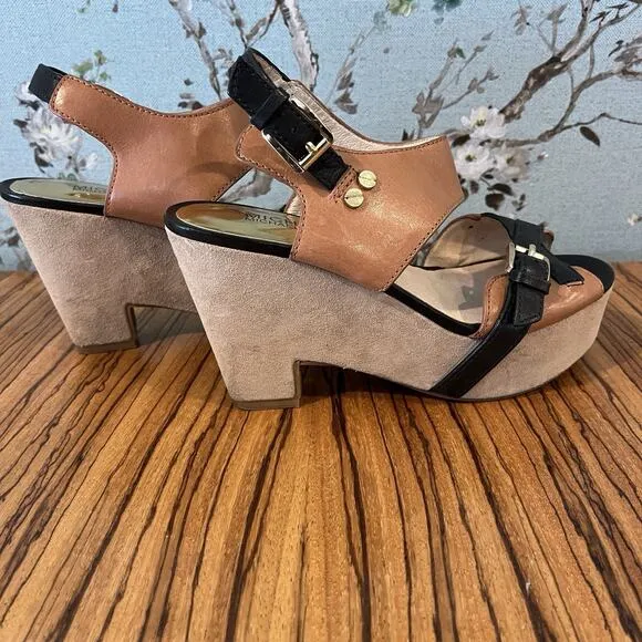 Michael by Michael Kors Leather Criss Cross Wedge Sandals Brown/Black Size 6.5M