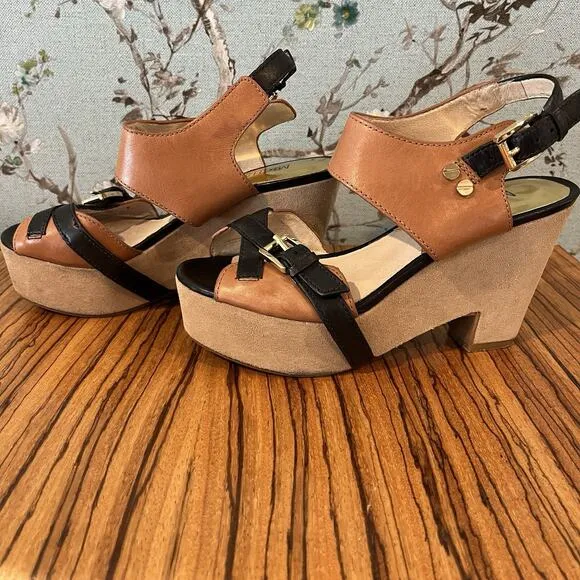 Michael by Michael Kors Leather Criss Cross Wedge Sandals Brown/Black Size 6.5M