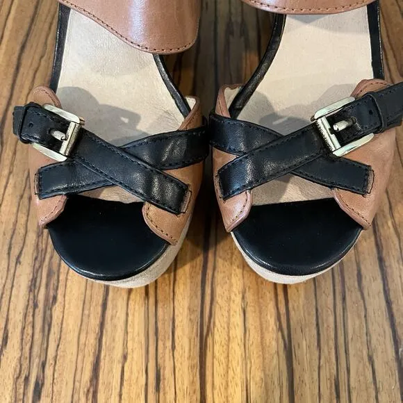 Michael by Michael Kors Leather Criss Cross Wedge Sandals Brown/Black Size 6.5M