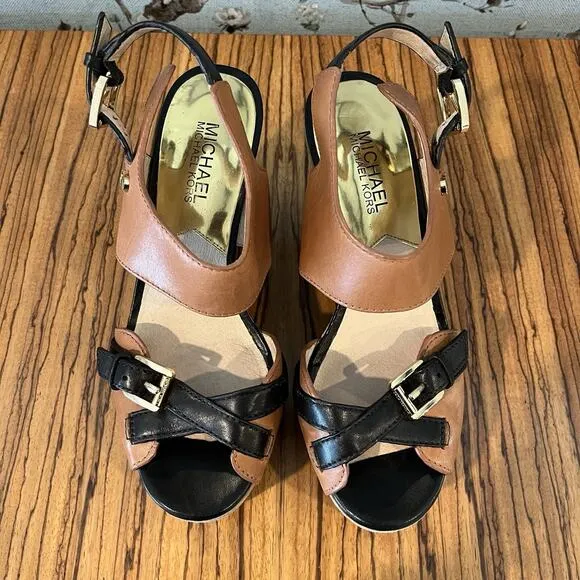 Michael by Michael Kors Leather Criss Cross Wedge Sandals Brown/Black Size 6.5M