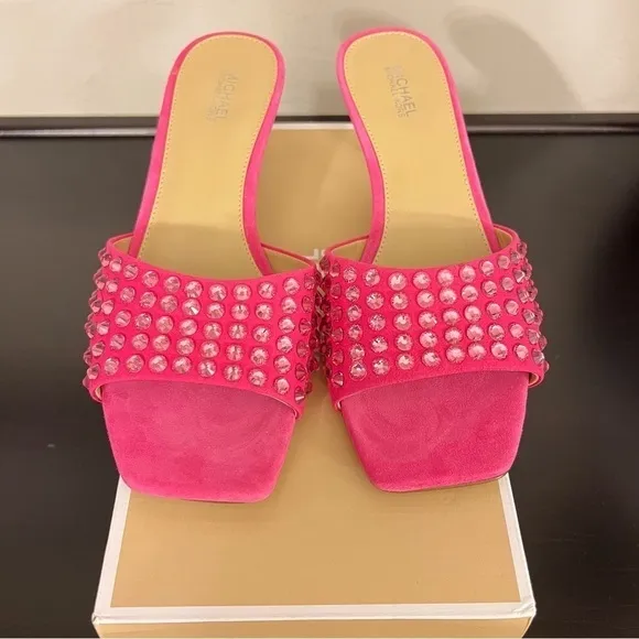 Michael Kors Amal kitten heel bejeweled slide sandals, bubblegum pink, 6.5 NIB