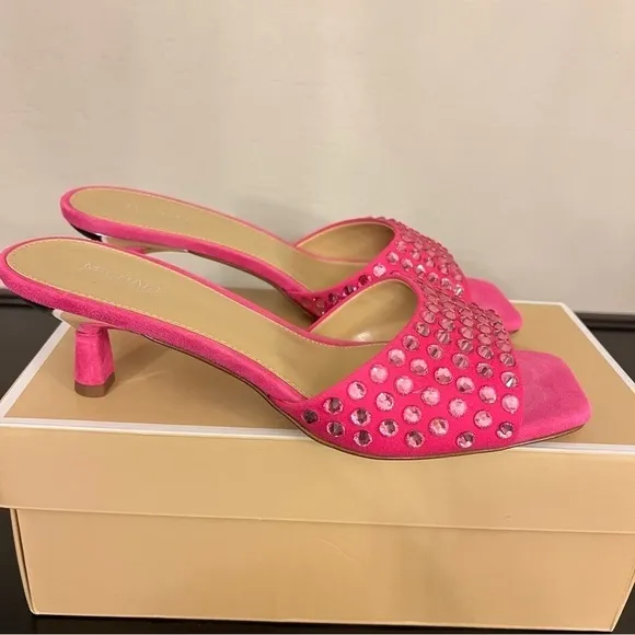 Michael Kors Amal kitten heel bejeweled slide sandals, bubblegum pink, 6.5 NIB