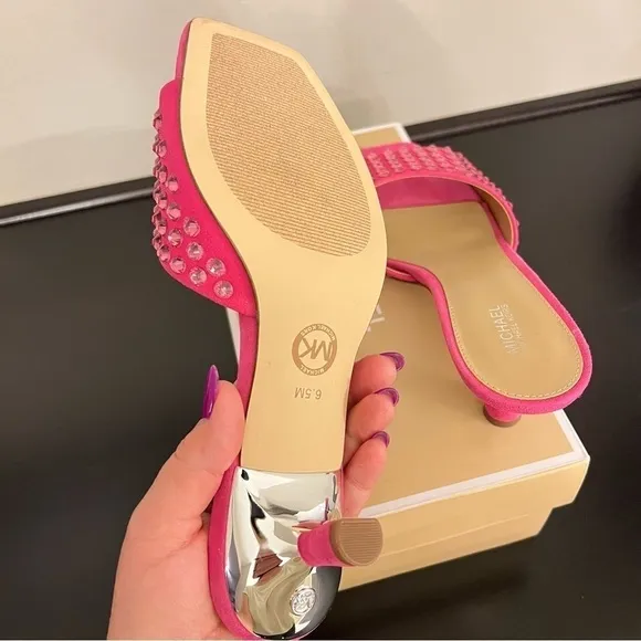 Michael Kors Amal kitten heel bejeweled slide sandals, bubblegum pink, 6.5 NIB