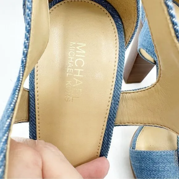 Michael KORS BERKLEY DENIM PLATFORM T-STRAP GOLD LOGO ZIPPER OPEN-TOE SANDAL 7.5