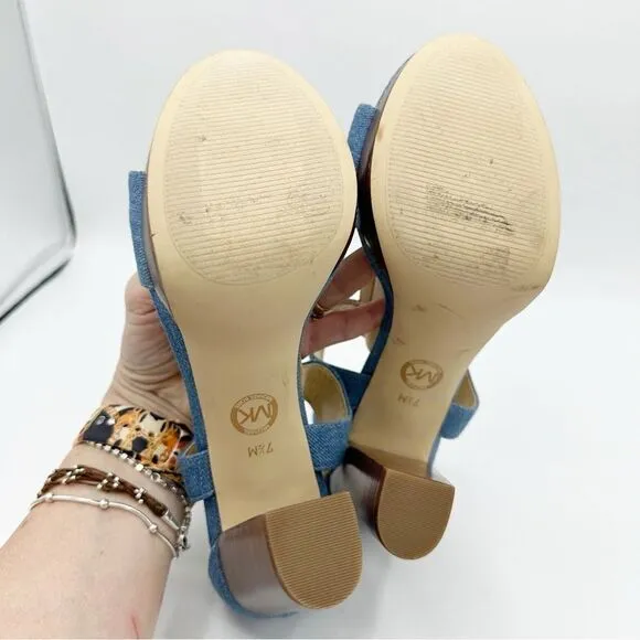 Michael KORS BERKLEY DENIM PLATFORM T-STRAP GOLD LOGO ZIPPER OPEN-TOE SANDAL 7.5