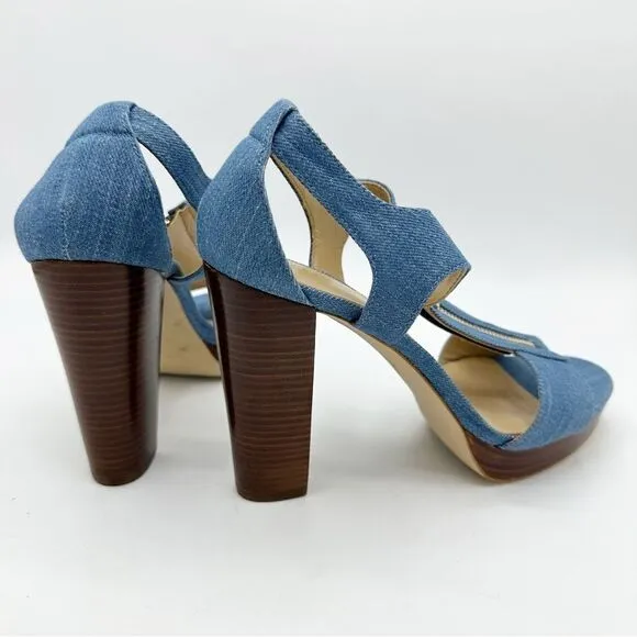 Michael KORS BERKLEY DENIM PLATFORM T-STRAP GOLD LOGO ZIPPER OPEN-TOE SANDAL 7.5