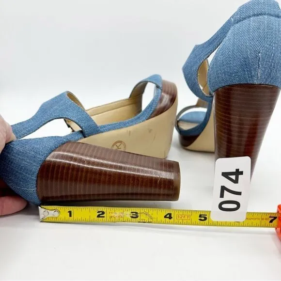 Michael KORS BERKLEY DENIM PLATFORM T-STRAP GOLD LOGO ZIPPER OPEN-TOE SANDAL 7.5