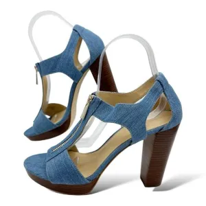 Michael KORS BERKLEY DENIM PLATFORM T-STRAP GOLD LOGO ZIPPER OPEN-TOE SANDAL 7.5