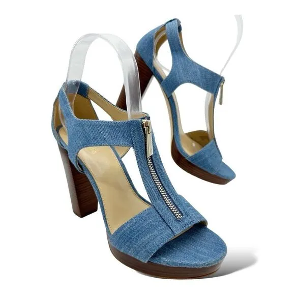 Michael KORS BERKLEY DENIM PLATFORM T-STRAP GOLD LOGO ZIPPER OPEN-TOE SANDAL 7.5