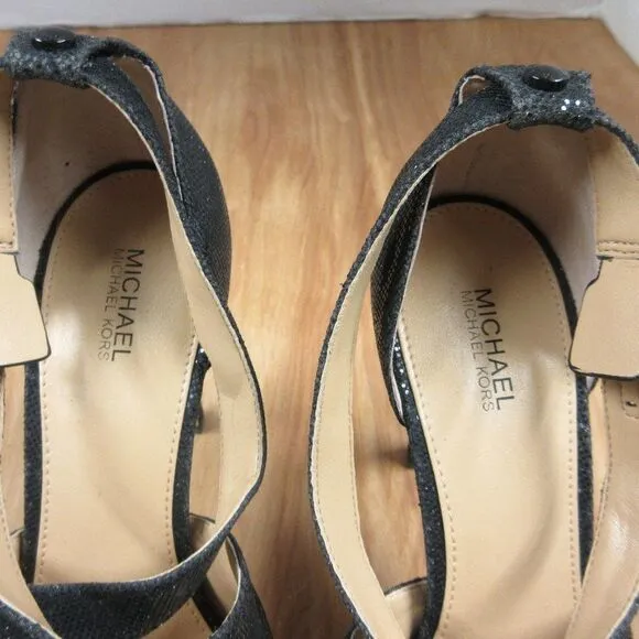 MICHAEL KORS Black Sparkle Strappy Heels Womens Sz 9 Peep Toe Glitter Sandals