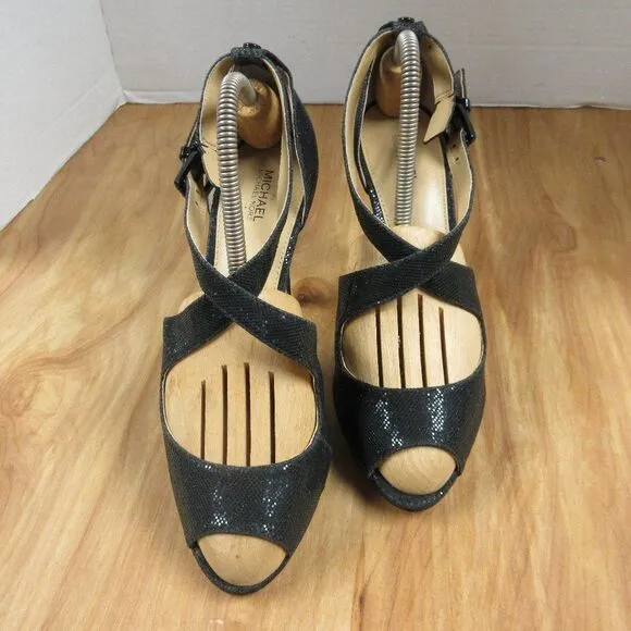 MICHAEL KORS Black Sparkle Strappy Heels Womens Sz 9 Peep Toe Glitter Sandals