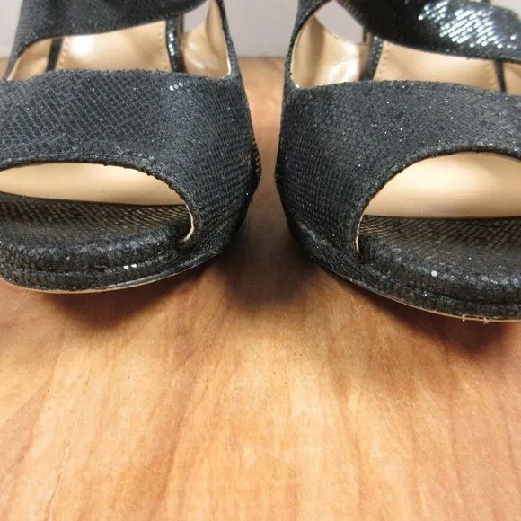 MICHAEL KORS Black Sparkle Strappy Heels Womens Sz 9 Peep Toe Glitter Sandals