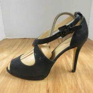 MICHAEL KORS Black Sparkle Strappy Heels Womens Sz 9 Peep Toe Glitter Sandals