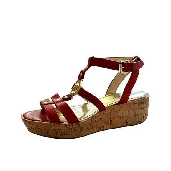 Michael Kors Burnt Orange Crinkled Patent Leather Nash Wedge Sandals Size 8