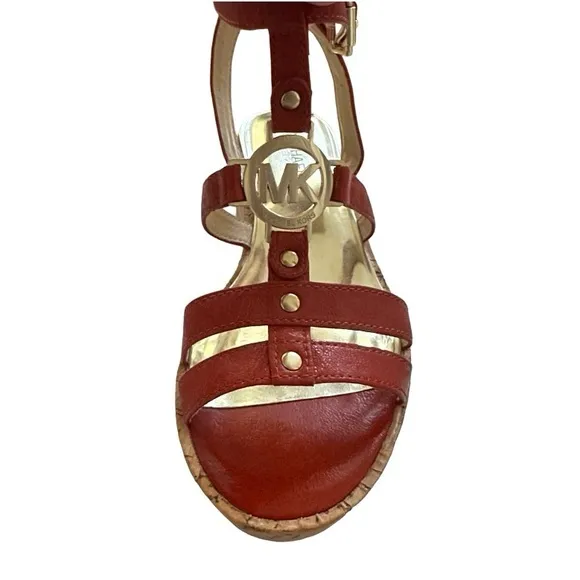 Michael Kors Burnt Orange Crinkled Patent Leather Nash Wedge Sandals Size 8