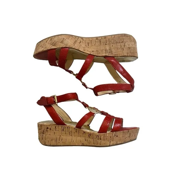 Michael Kors Burnt Orange Crinkled Patent Leather Nash Wedge Sandals Size 8