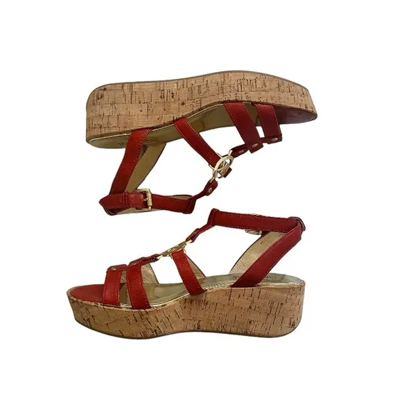 Michael Kors Burnt Orange Crinkled Patent Leather Nash Wedge Sandals Size 8