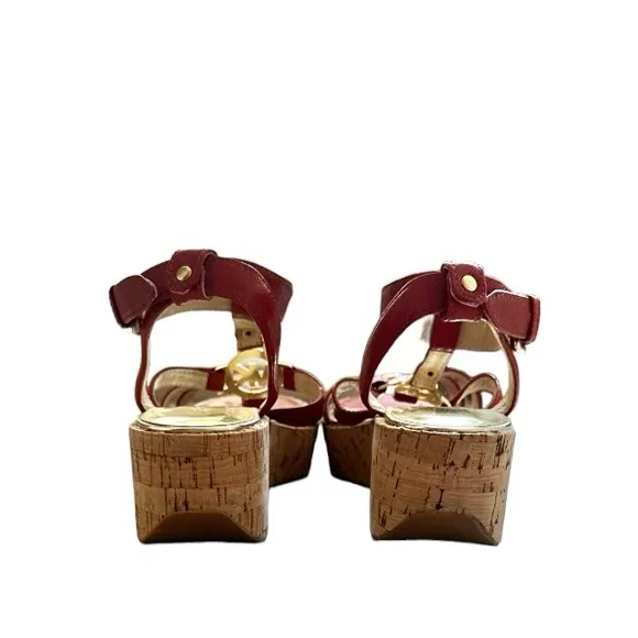 Michael Kors Burnt Orange Crinkled Patent Leather Nash Wedge Sandals Size 8