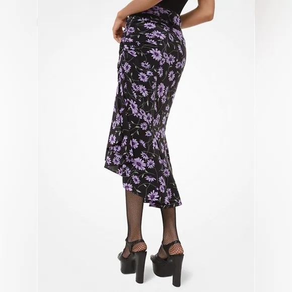 MICHAEL KORS COLLECTION Daisy-Print Silk Crepe De Chine Asymmetric Skirt - sz 4