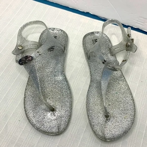 MICHAEL KORS Jelly PVC Thong Sandal MK Logo Plate Matte Silver