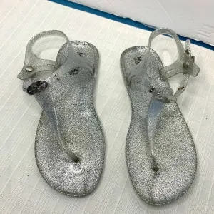 MICHAEL KORS Jelly PVC Thong Sandal MK Logo Plate Matte Silver