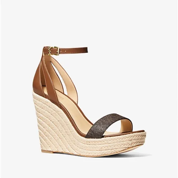Michael Kors *Kimberly* logo luggage brown leather wedge espadrille sandals 8