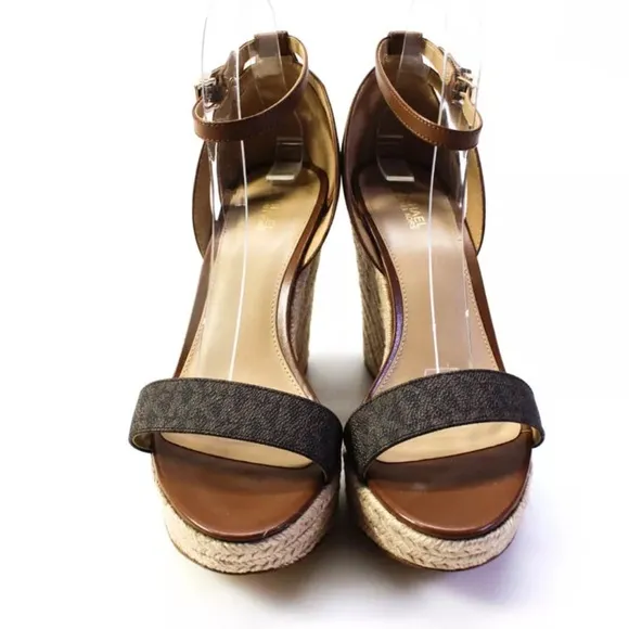 Michael Kors *Kimberly* logo luggage brown leather wedge espadrille sandals 8