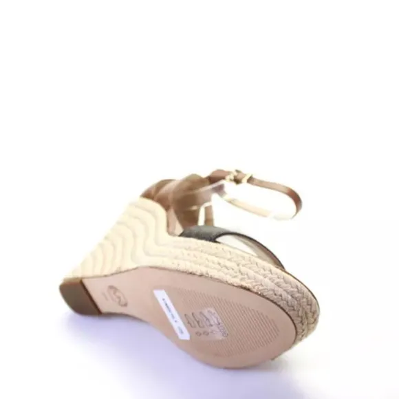 Michael Kors *Kimberly* logo luggage brown leather wedge espadrille sandals 8