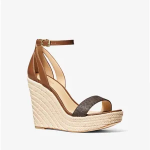Michael Kors *Kimberly* logo luggage brown leather wedge espadrille sandals 8