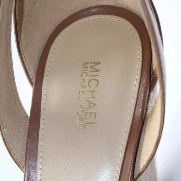 Michael Kors *Kimberly* logo luggage brown leather wedge espadrille sandals 8