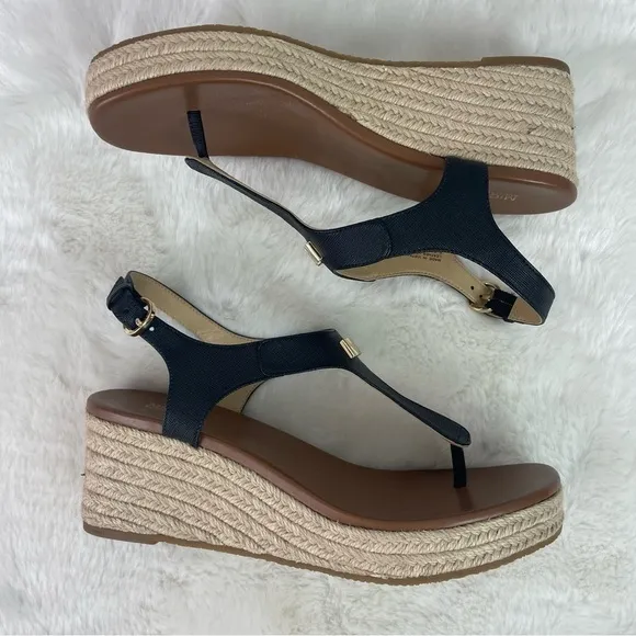 Michael Kors Laney Saffiano Leather Espadrille Wedge Sandals Size 9