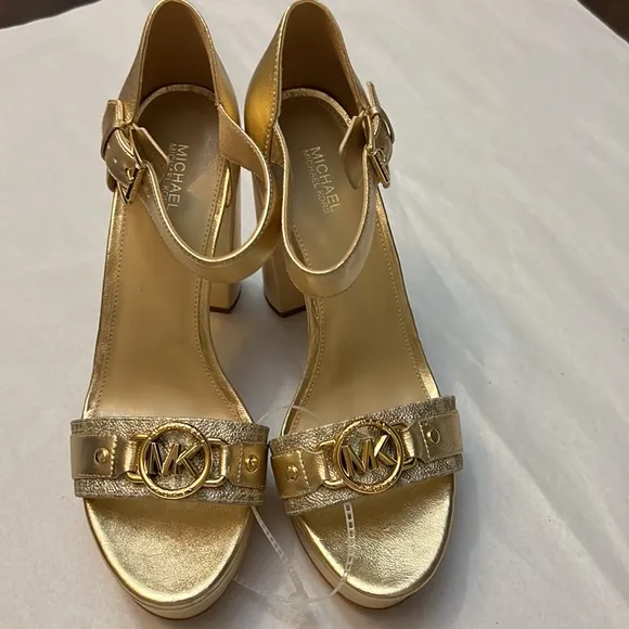 Michael Kors Rory Metallic Leather Logo Print MK Hardware Platform Sandals