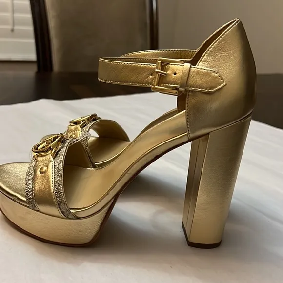 Michael Kors Rory Metallic Leather Logo Print MK Hardware Platform Sandals