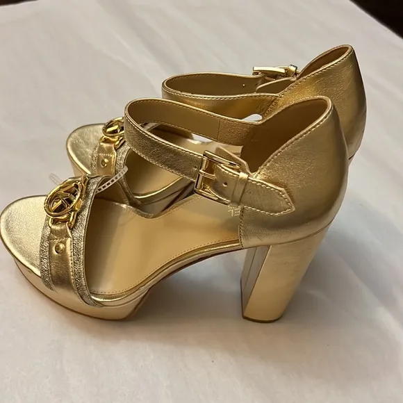 Michael Kors Rory Metallic Leather Logo Print MK Hardware Platform Sandals