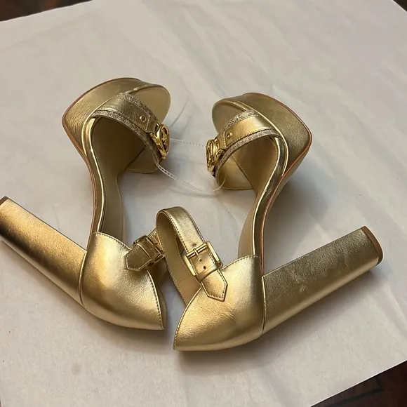 Michael Kors Rory Metallic Leather Logo Print MK Hardware Platform Sandals