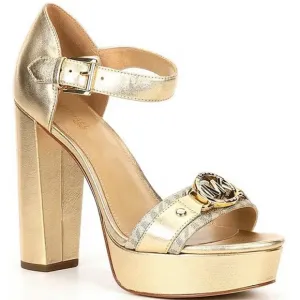Michael Kors Rory Metallic Leather Logo Print MK Hardware Platform Sandals