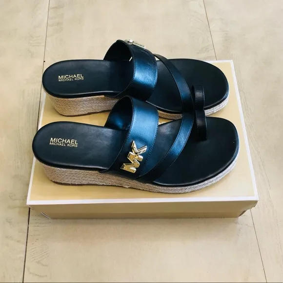 MICHAEL KORS Sidney Espadrille Black Wedge Sandals Size 10 M
