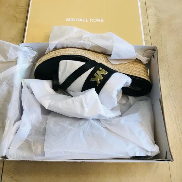 MICHAEL KORS Sidney Espadrille Black Wedge Sandals Size 10 M