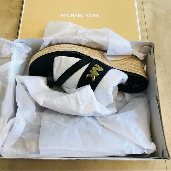 MICHAEL KORS SIDNEY ESPADRILLE WEDGE BLACK SANDAL SIZE 8