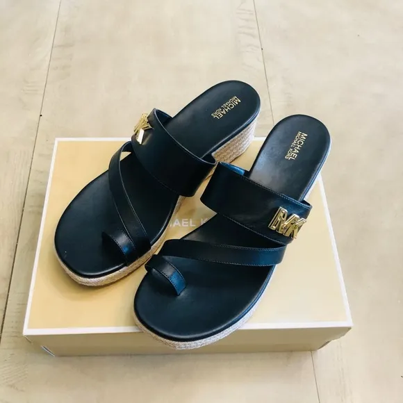 MICHAEL KORS SIDNEY ESPADRILLE WEDGE BLACK SANDAL SIZE 8
