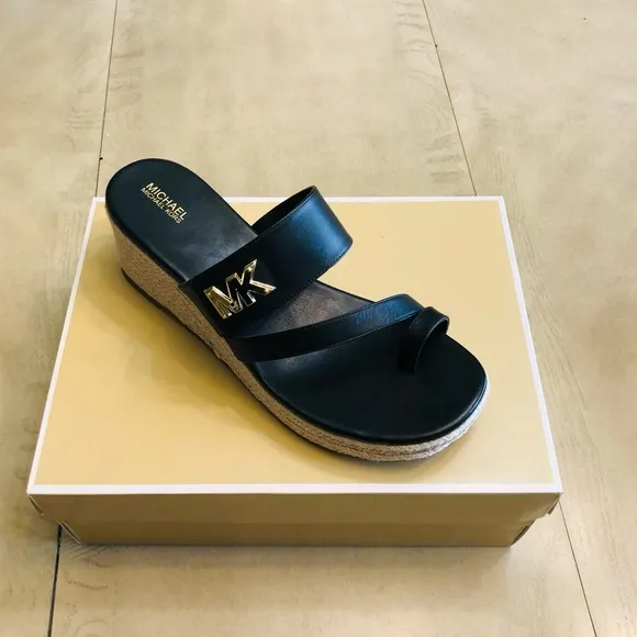 MICHAEL KORS SIDNEY ESPADRILLE WEDGE BLACK SANDAL SIZE 8