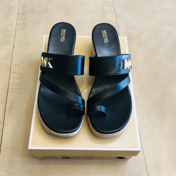 MICHAEL KORS SIDNEY ESPADRILLE WEDGE BLACK SANDAL SIZE 8
