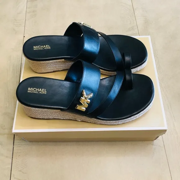 MICHAEL KORS SIDNEY ESPADRILLE WEDGE BLACK SANDAL SIZE 8