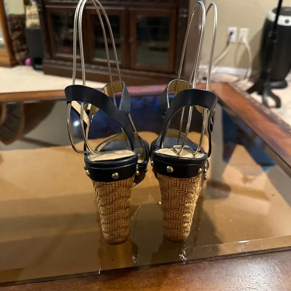 Michael Kors Studded Leather  Navy Wedge Sandals  Size 7.5