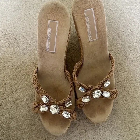 Michael Kors Wedge Sandals with Diamante Accents Size 8.5